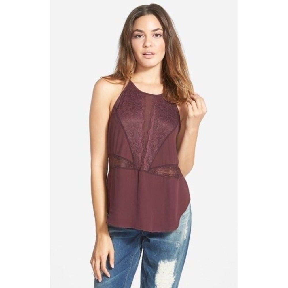 ASTR the Label Top Women Large Burgundy Lace Halter Sleeveless High Low Blouse